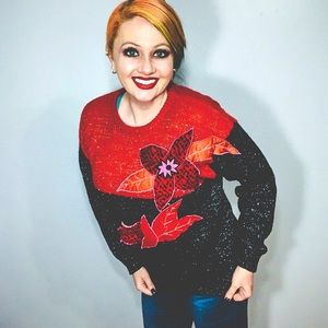 Vintage P’ Galli Red and Black Poinsettia Sweater